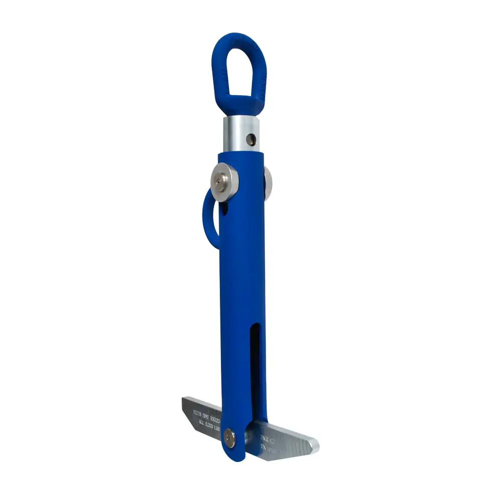 DNRL40-ReelLifter-view2-ddinWeb Blue DDIN Reel Lifter tool with stainless steel components, designed for lifting and stabilizing heavy cable reels.
