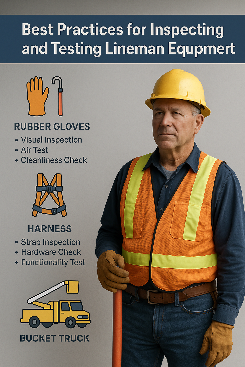 Experienced lineman holding a hot stick next to an infographic on best practices for inspecting and testing lineman equipment.