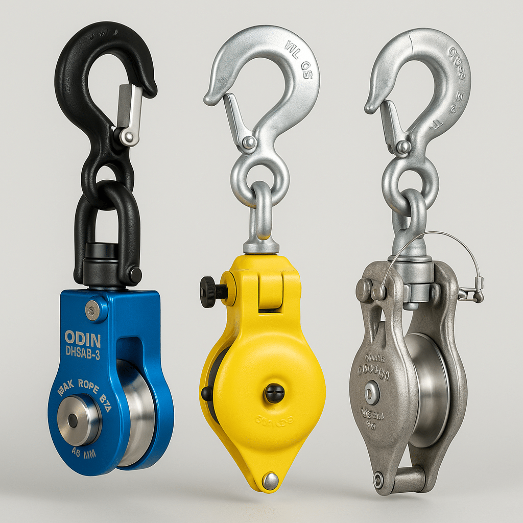 Three different handline blocks—aluminum, nylon, and gold standard—displayed side by side, each with distinct color and design features.