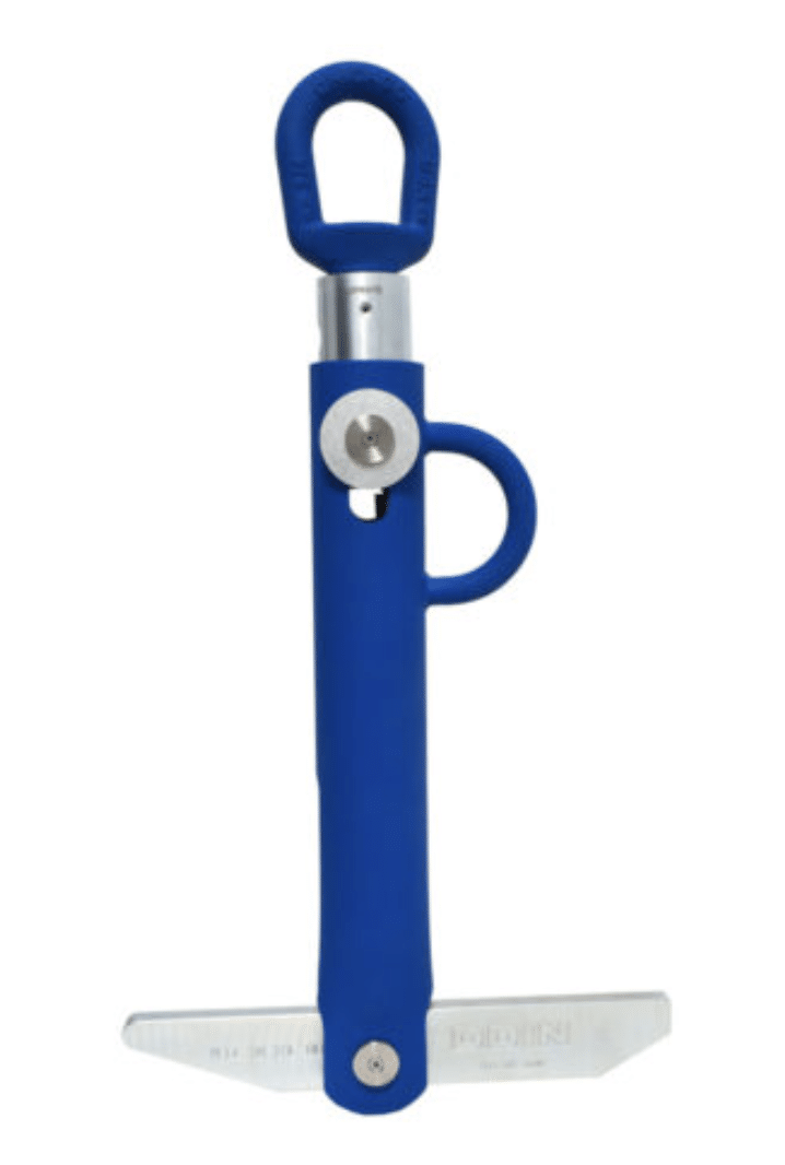 Blue DDIN Reel Lifter tool with stainless steel components, designed for lifting and stabilizing heavy cable reels.