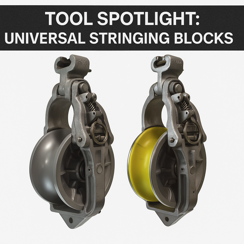 Two DDIN Universal Stringing Blocks with aluminum and urethane sheaves displayed side by side under the title "Tool Spotlight: Universal Stringing Blocks."