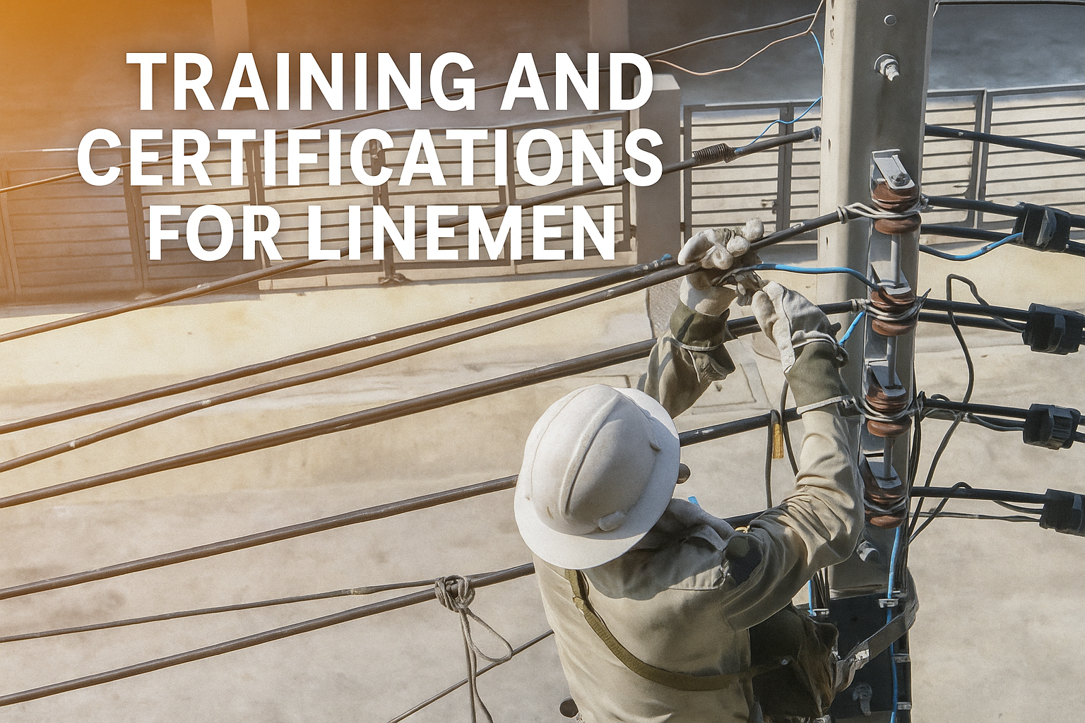 A lineman wearing safety gear works on electrical wires atop a utility pole with the text overlay “Training and Certifications for Linemen."