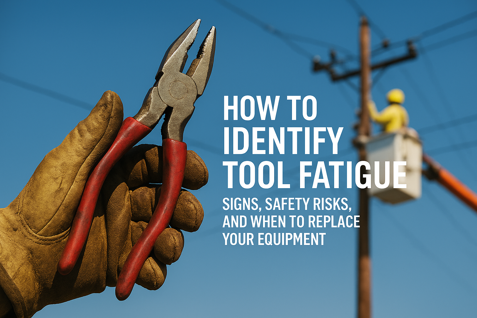 A lineman’s gloved hand holding a pair of worn red-handled pliers in front of a utility pole where another lineman works in a bucket lift, with the text “How to Identify Tool Fatigue: Signs, Safety Risks, and When to Replace Your Equipment.”