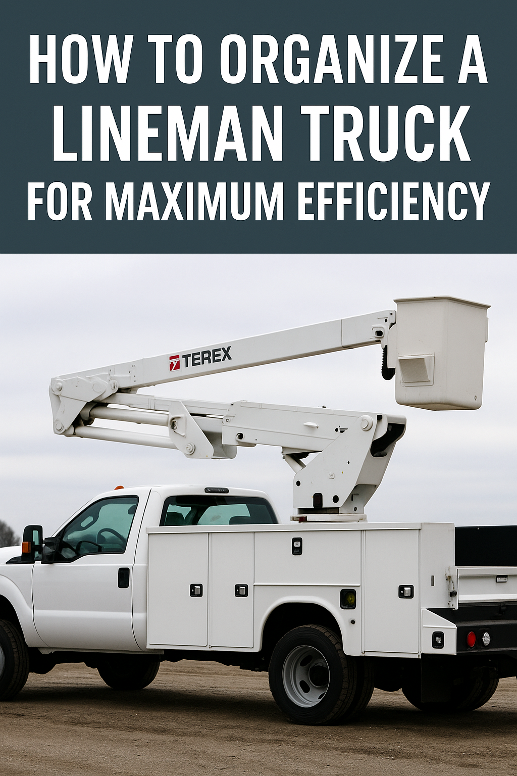 A white utility bucket truck parked on a worksite with storage compartments and a raised boom arm, representing a well-equipped lineman truck for efficient field operations.