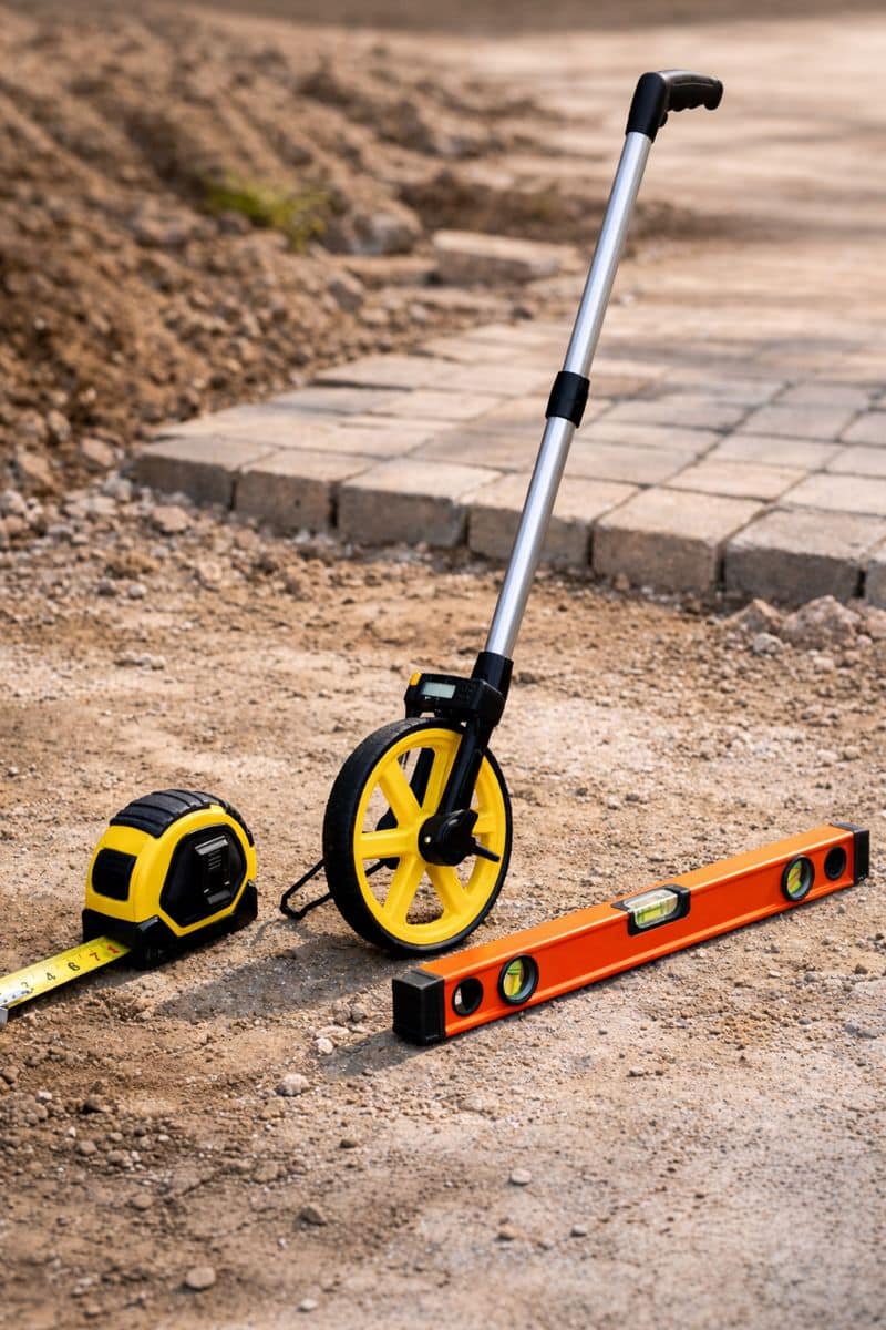 Essential Measuring Tools for Line Work and Construction Measuring tape, measuring wheel, and level arranged on a jobsite surface for accurate field measurements