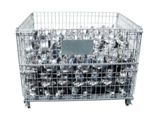 steel-wire-basket-industrial-storage-galvanized.png Galvanized steel wire basket filled with metal components for industrial storage and warehouse organization