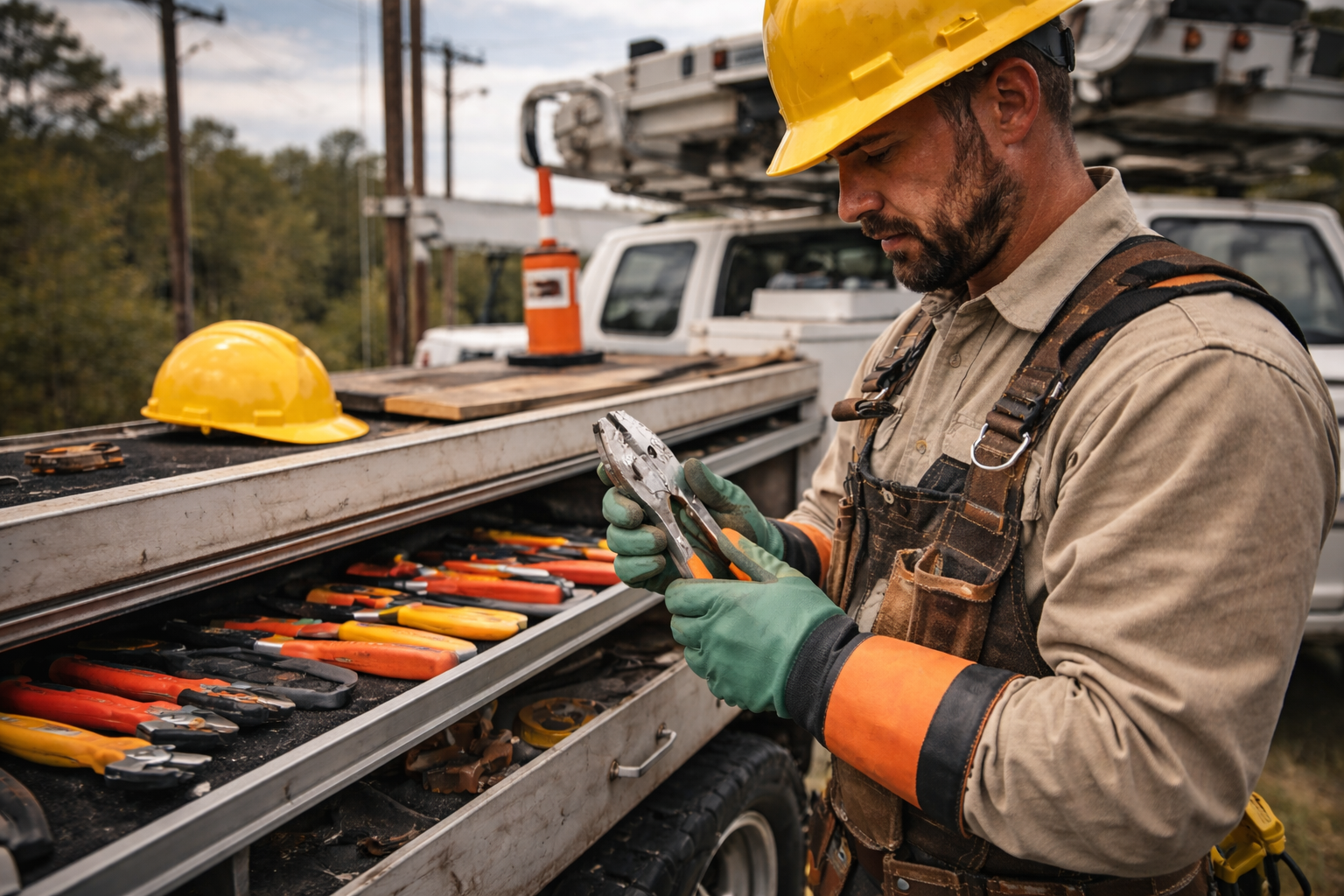 Lineman Tool Inspection – Checking Lineman Pliers by Utility Truck Lineman inspecting lineman pliers beside utility truck during pre-shift tool inspection