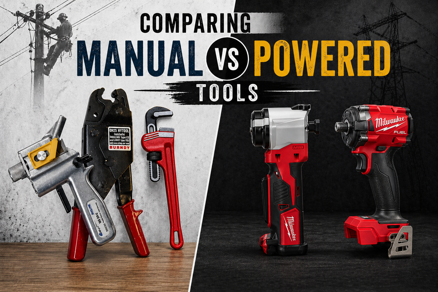 Comparison of manual vs powered lineman tools including hand crimpers, pipe wrench, and cordless hydraulic and impact tools on a split background