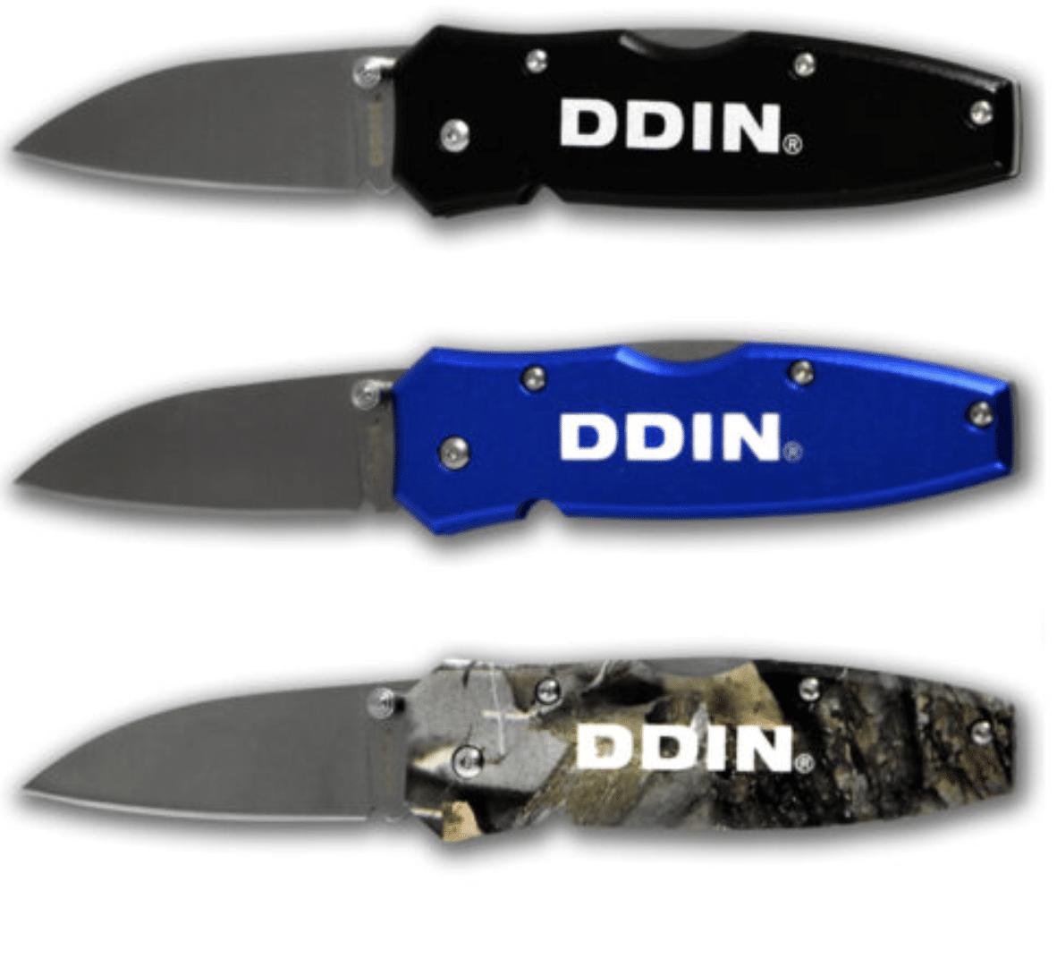 DDIN folding utility knives with black, blue, and camo handles displayed side by side