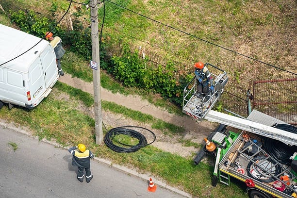 Utility crew using a bucket truck and organized mobile workstation to access lineman tools during field power line work