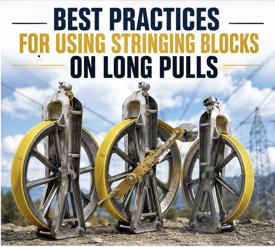 Stringing Blocks for Long Pulls – Best Practices Stringing blocks used on long transmission line pulls with multiple sheave designs displayed in outdoor utility setting