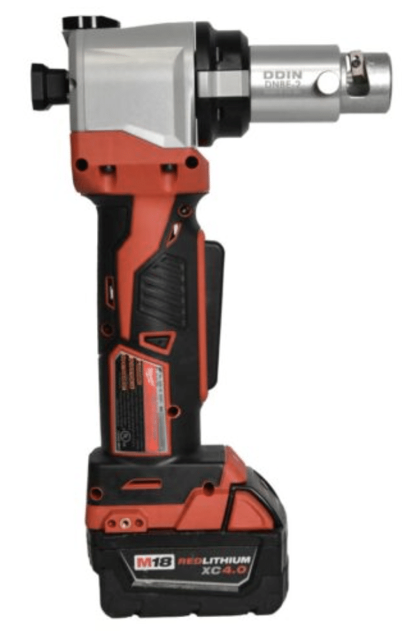 milwaukee-m18-ddin-cable-stripper.jpg Milwaukee M18 power tool fitted with a DDIN cable stripper attachment and M18 RedLithium XC4.0 battery pack.