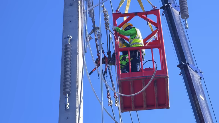 Linemen working from a suspended work basket near utility rigging and power-line equipment
