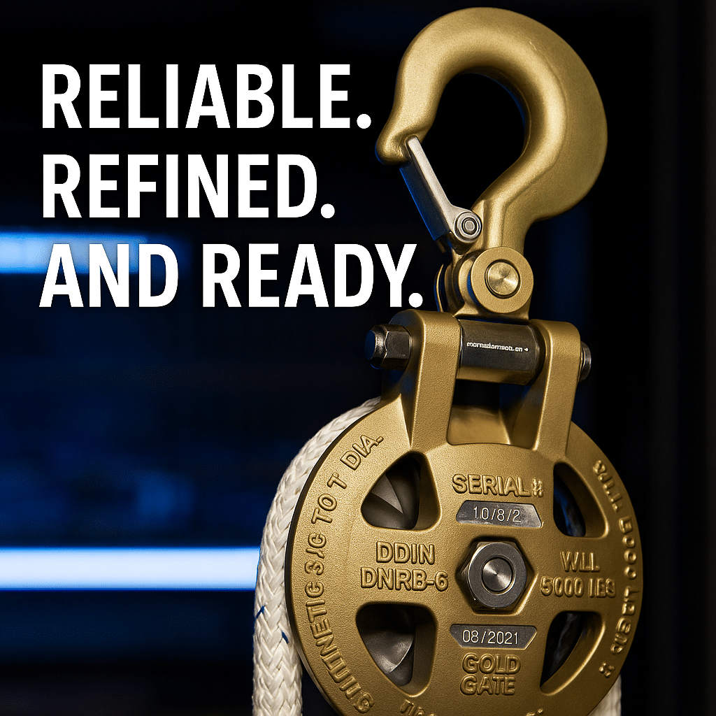 Close-up of a gold DDIN DNRB-6 rigging block with hook and rope, featuring the words “Reliable. Refined. And Ready.” in bold white text.