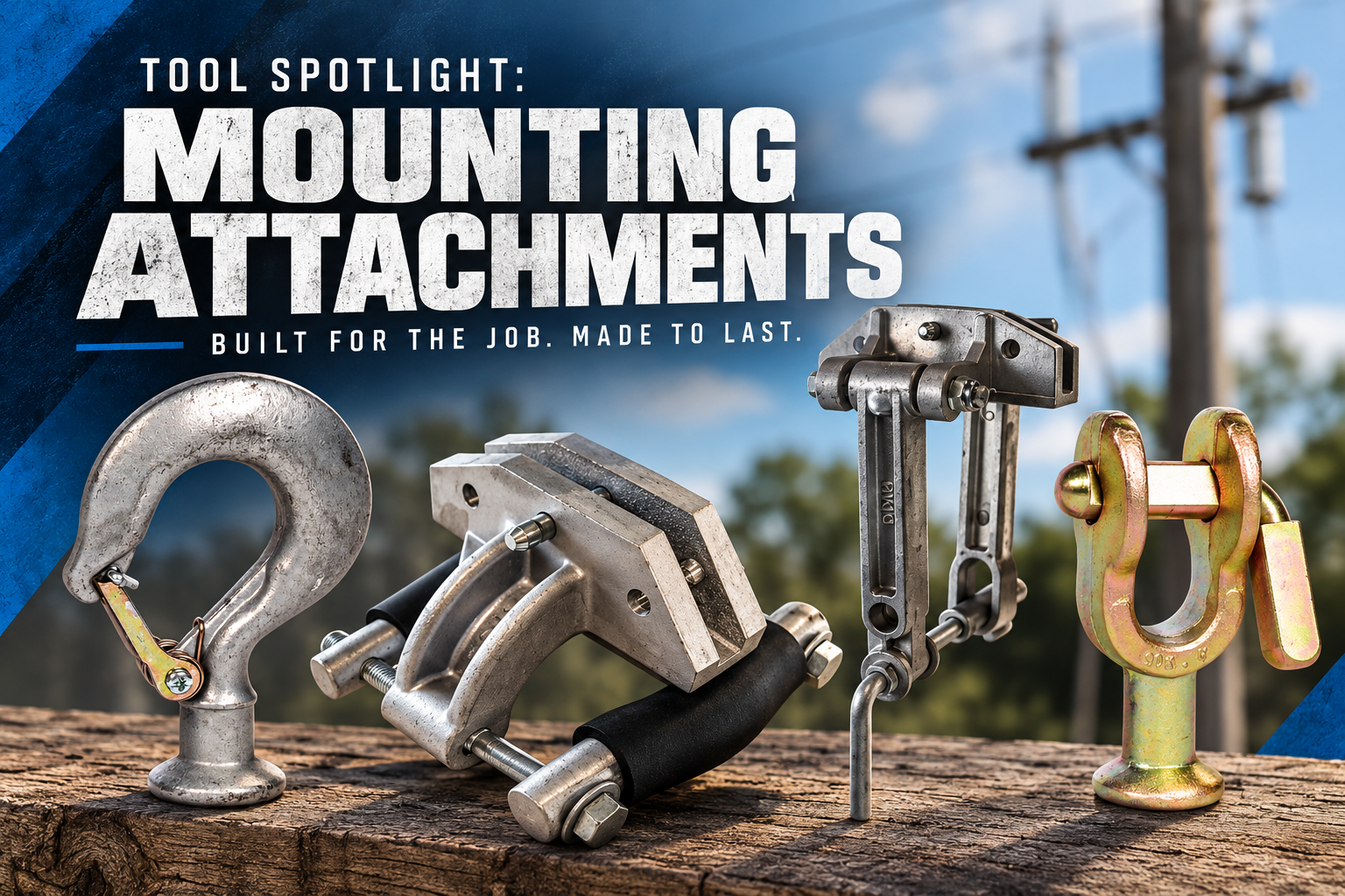DDIN Mounting Attachments for Linemen DDIN mounting attachments for linemen, including hooks, brackets, clamps, and clevises for utility line work.